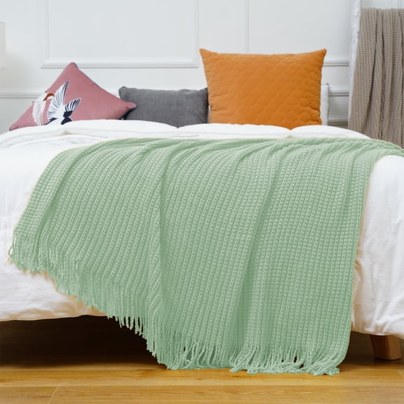 HBBKVI Knit Stripe Throw Blanket with Tassels 50" × 68", Mint Green Throw Blanket for Chair Sofa, Cozy Soft Throws Home Decor