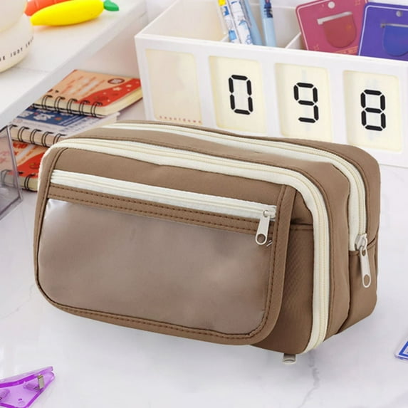 HBBKVI Large Capacity Pencil Case, 9 Compartments Multi-Purpose Pencil Bag for Adults Office College, Clear Stationery Bag with Zipper Coffee