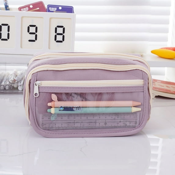 HBBKVI Large Capacity Pencil Case, 9 Compartments Multi-Purpose Pencil Bag for Adults Office College, Clear Stationery Bag with Zipper Purple