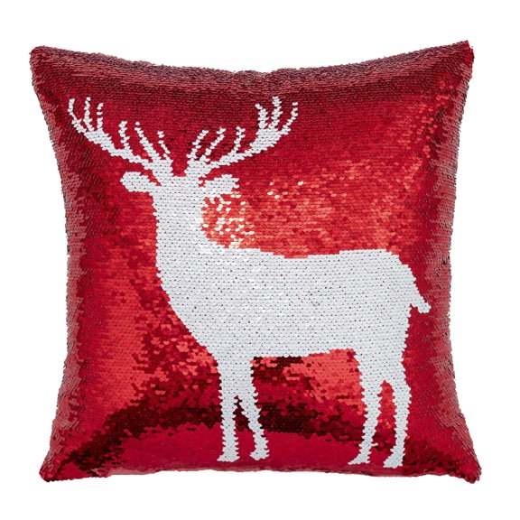HBBKVI Reversible Sequin Pillow Cover 16x16 Inch, Flip Snowflake Deer Christmas Design with Soft Faux Suede Back, Decorative Holiday Throw Pillow Case for Couch Sofa Bed