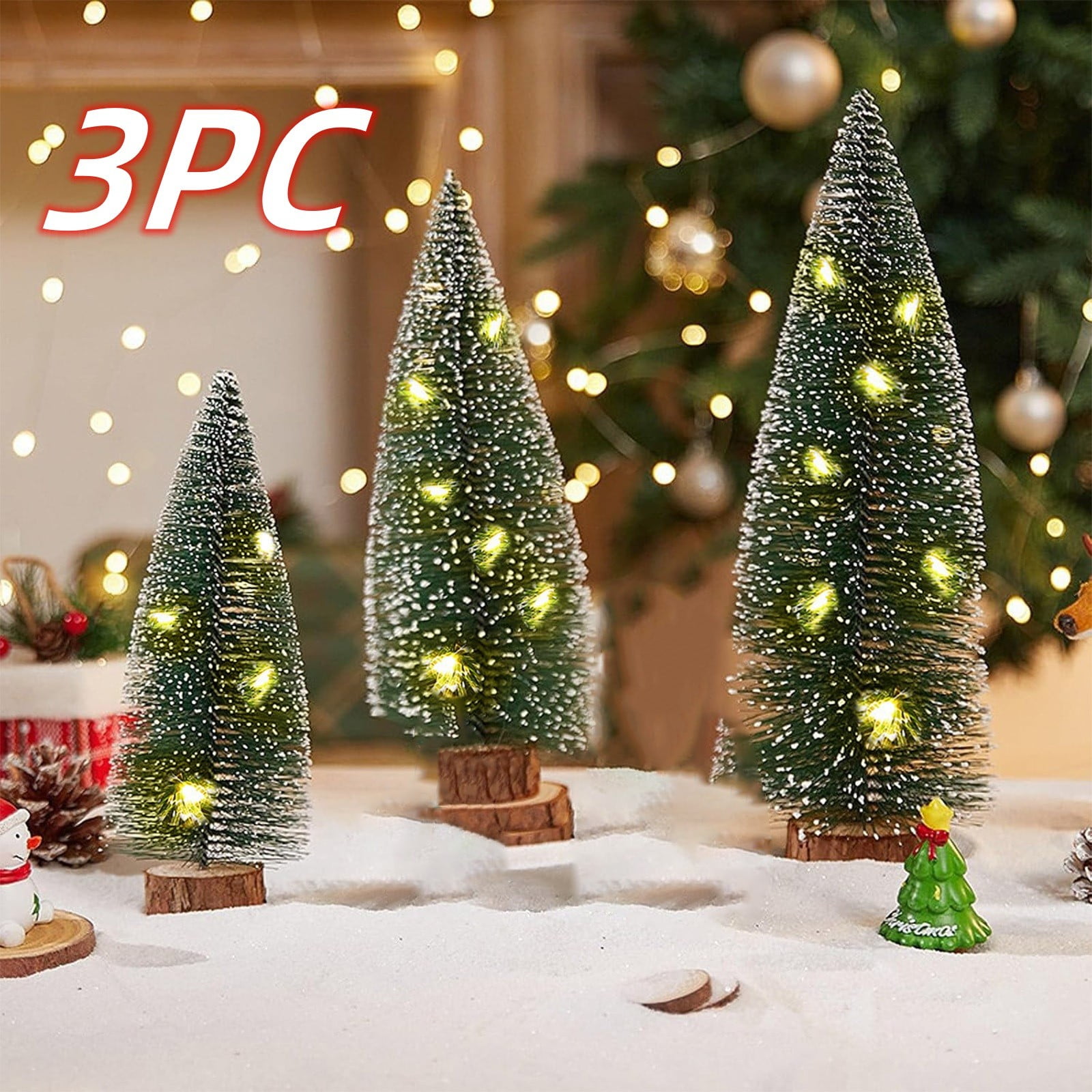 HBBKVI Set of 3 Mini Christmas Trees with Lights Wooden Base Artificial ...