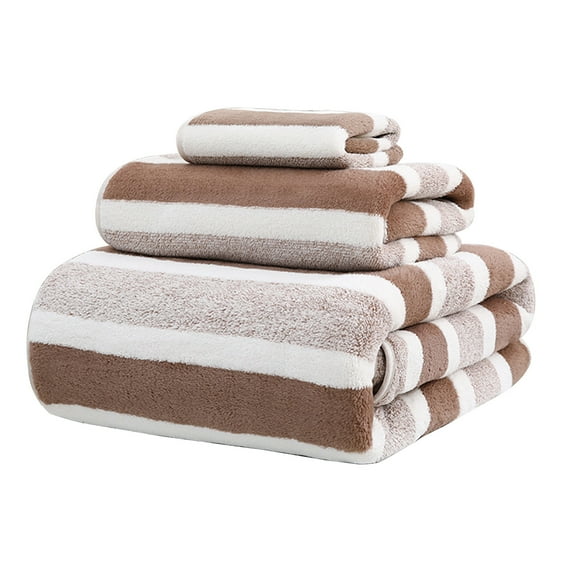 HBBKVI Set of 3 Stripe Towels - Bath Towels Hand Towels Washcloths, Super Soft Thickened Towels for Travel Bathroom Hotels Gym, Quick Dry Highly Absorbent Towels Brown