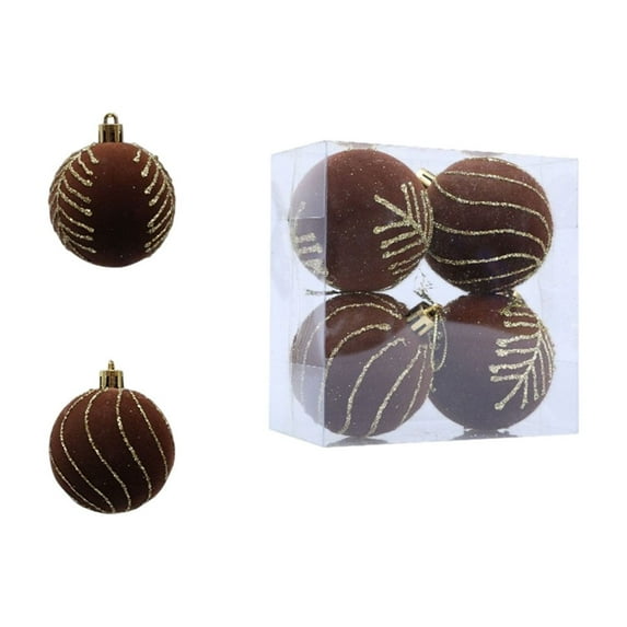 HBBKVI Set of 12 Brown Flocked Christmas Ball Ornaments, 2.4in Glitter Gold Pattern, for Christmas Tree Holiday Decor