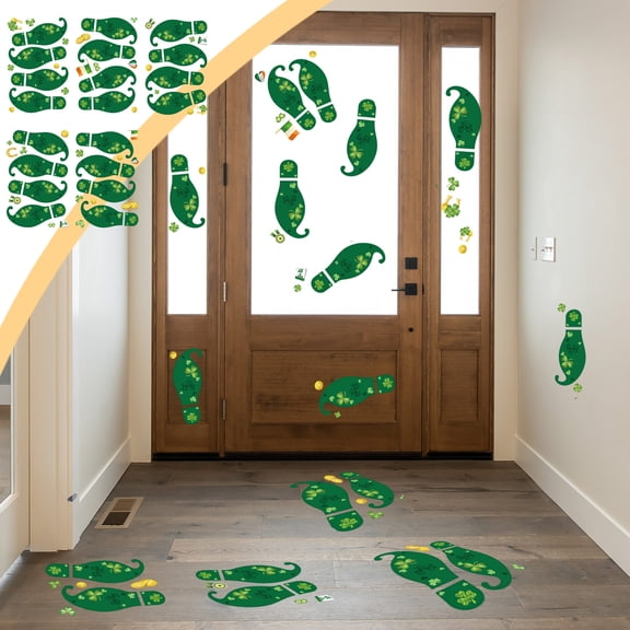HBBKVI St. Patrick's Day Large Leprechaun Footprints Decals, Removable Waterproof Green Wall and Floor Stickers, 5 Sheets with 20 Pairs, Coin and Clover Designs