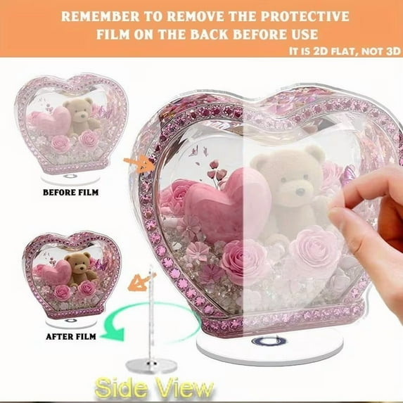 HBBKVI Valentines Day Rotating Base Heart Shaped Rose Teddy Bear Acrylic Flat Decoration Anniversary Gift