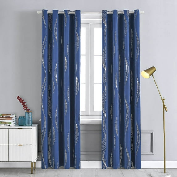 HBBKVI Wavy Line Curtains 52" × 63", Grommet Thermal Insulated Blackout Curtains for Living Room Bedroom, Noise Reduction Curtain Panels Blue