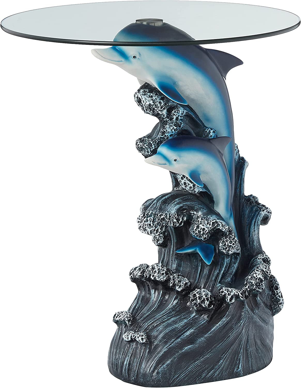 Oceanic Bliss 24" Round Glass Top Dolphin Sculpture End Table