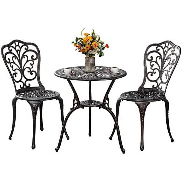 HBBOOMLIFE Black Cast Aluminum Bistro Set 3 Piece Outdoor Small Patio Table and Chairs with