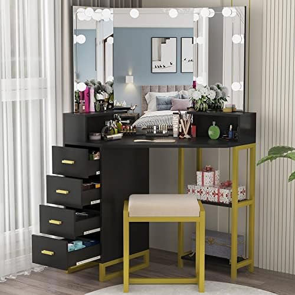 HBBOOMLIFE Corner Vanity Set for Women with ThreeFold Mirror & Light