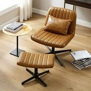 HBBOOMLIFE Desk Chair No Wheels  with Foot  Ottoman and Lumbar Pillow  Mid Century Modern Chair  Adjustable Height Swivel Accent Chair for Living Room Bedroom  Faux Leather Upholstered  O