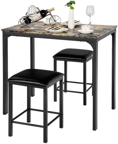 HBBOOMLIFE Dining Table Set for 2 w/Faux Mable Tabletop and PU Leather