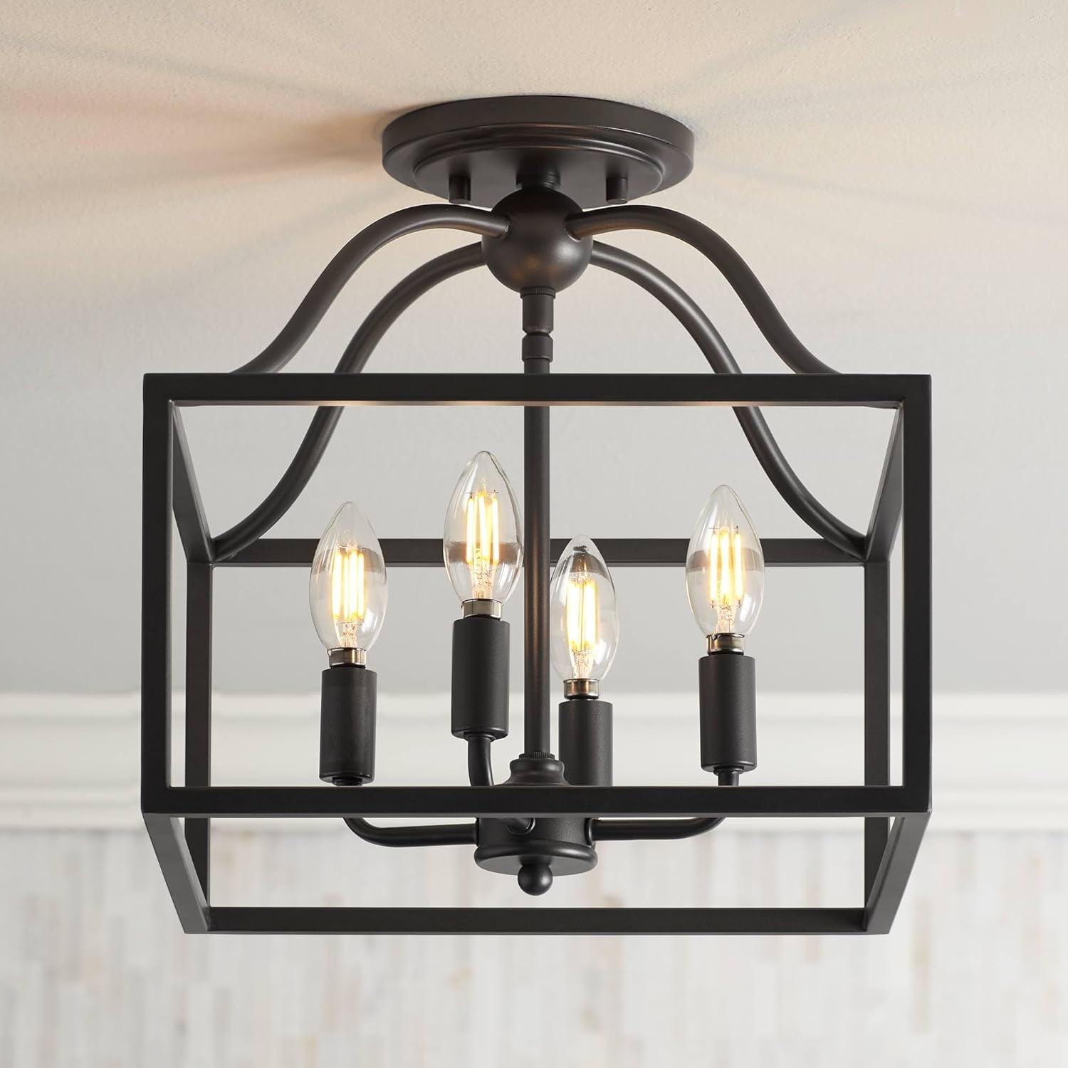 Elle 16" Farmhouse Black Square Cage 4-Light Ceiling Fixture