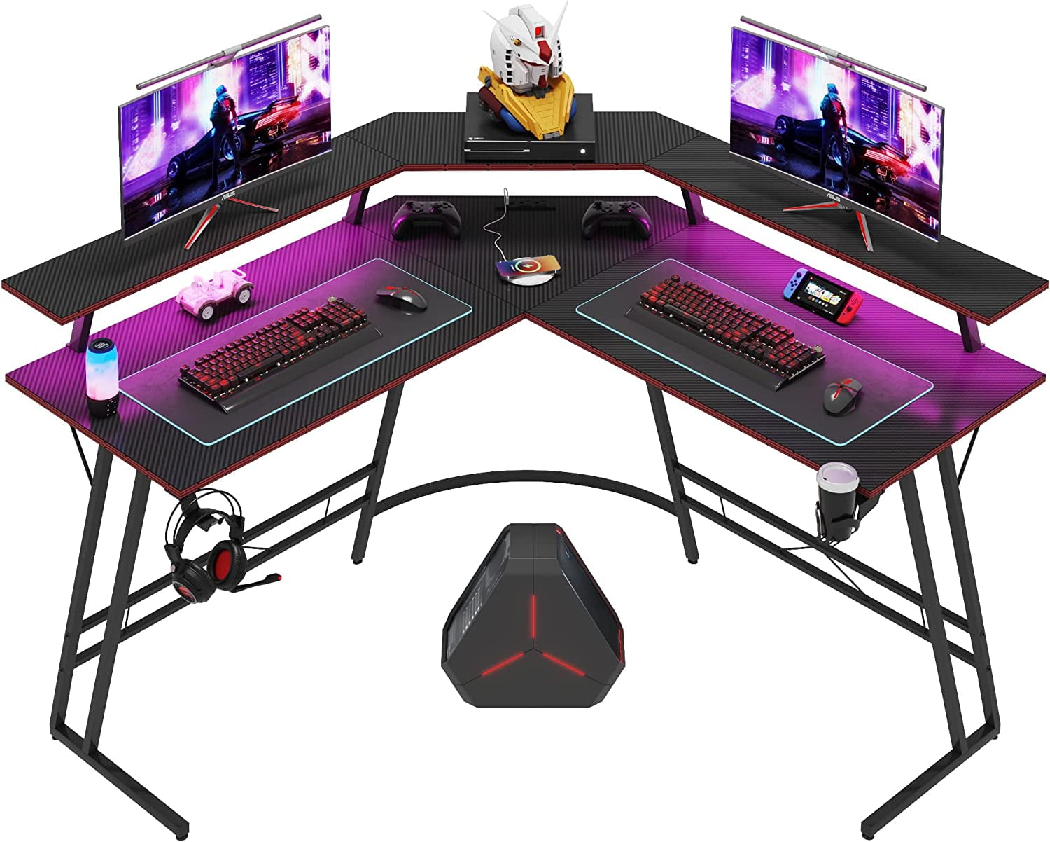 HBBOOMLIFE Gaming Desk with LED Lights & Power Outlets LShaped Computer Corner Desk with Carbon
