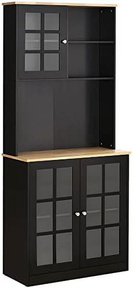 Sleek Modern Black Kitchen Buffet with Glass Door Hutch