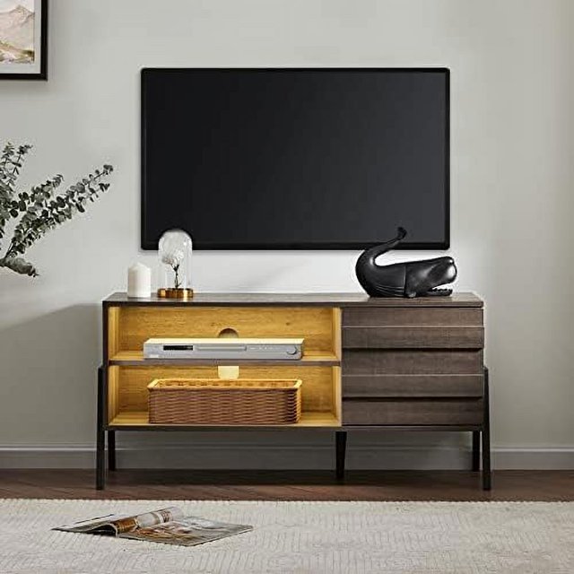 HBBOOMLIFE LED MidCentury Modern TV Stand for TVs up to 85 Inch Brown Entertainment Center for