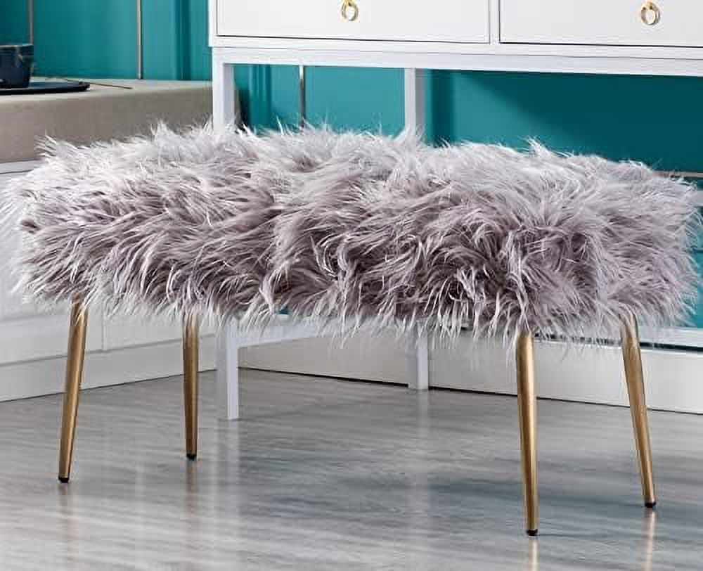 HBBOOMLIFE Modern Fuzzy Entryway Bench Ottoman White Faux Fur Shaggy