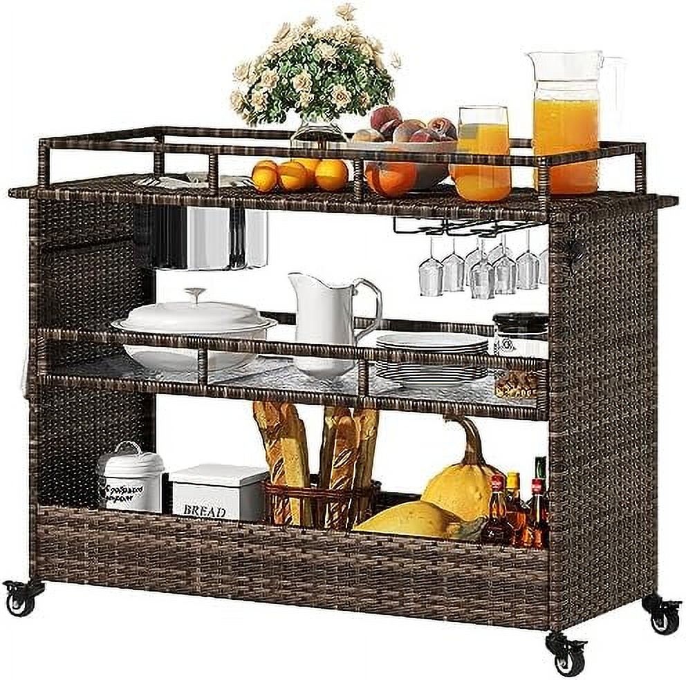 HBBOOMLIFE Portable Outdoor Wicker Cart with Wheels Rattan Counter