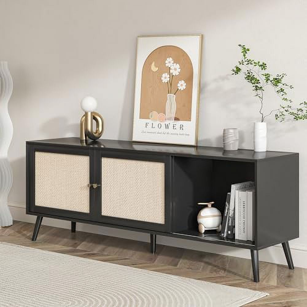 HBBOOMLIFE Rattan TV Stand for 75 Inch TV TV Console Media with Sliding Doors Farmhouse