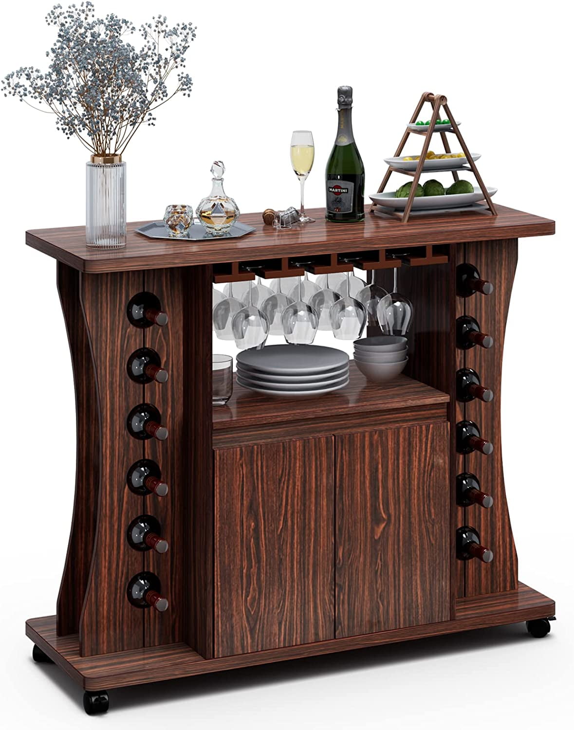 HBBOOMLIFE Rolling Wine Liquor Trolley Cart w/ 12 Bottles Wine