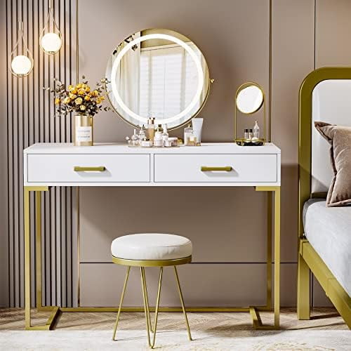 HBBOOMLIFE Vanity Desk with 2 Drawers White and Gold Small Makeup