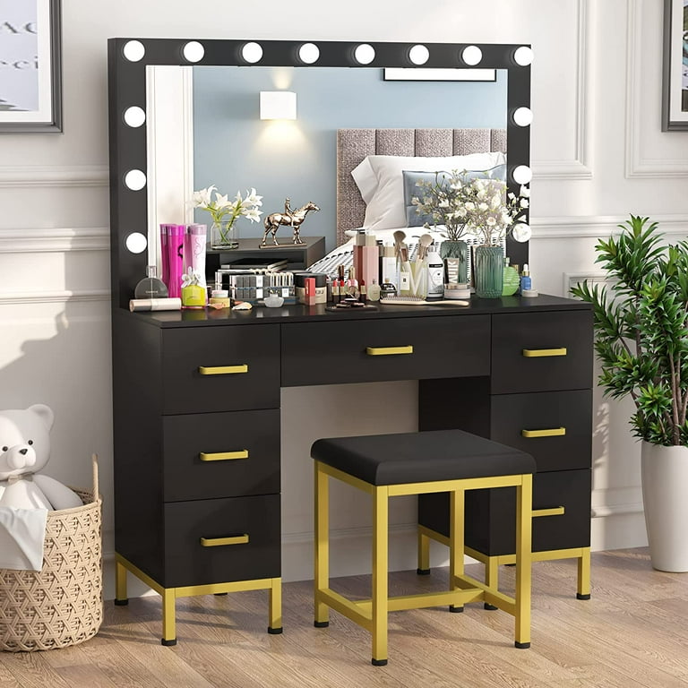 Black makeup vanity set sale with lighted mirror