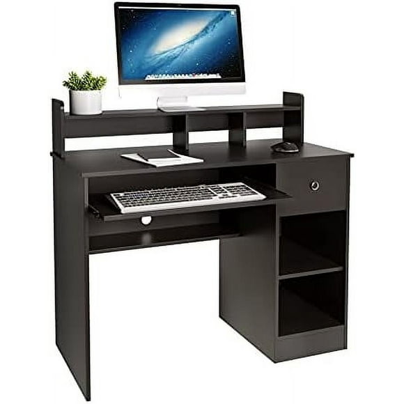 HBBOOMLIFE Writing Computer Desk with Keyboard Tray &amp; Drawer  Home Office   Floating Organizer 2-Tier Wooden Mission Home Computer Vanity Desk for Apartment Small Space (Black)