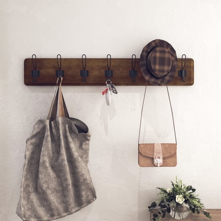HBCY Creations 34" x 4" Rustic Brown Wall Mounted Storage Rack-7 Hooks-Pine Wood Floating Shelves
