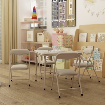 HBCY Creations 5 Piece Kid's Folding Table and Chairs Set - Tan Design - Lightweight & Portable - Safety Lock Feature - Seating for 4