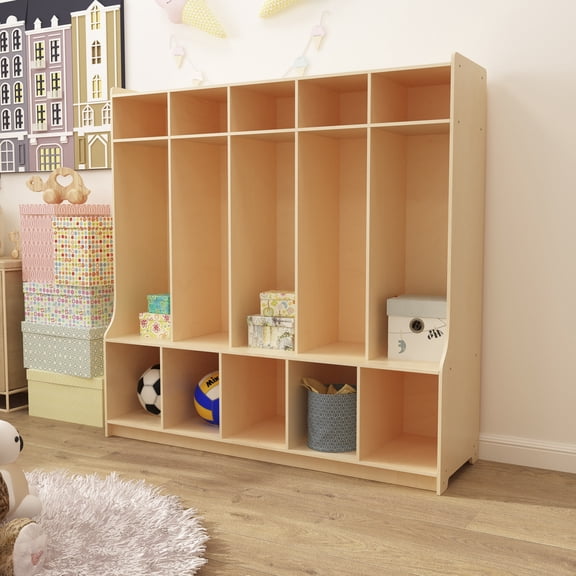 HBCY Creations 5 Section Coat Locker - 48"H x 48"L - Engineered Wood Construction - Natural Finish - Coat Hooks - Cubbie Storage