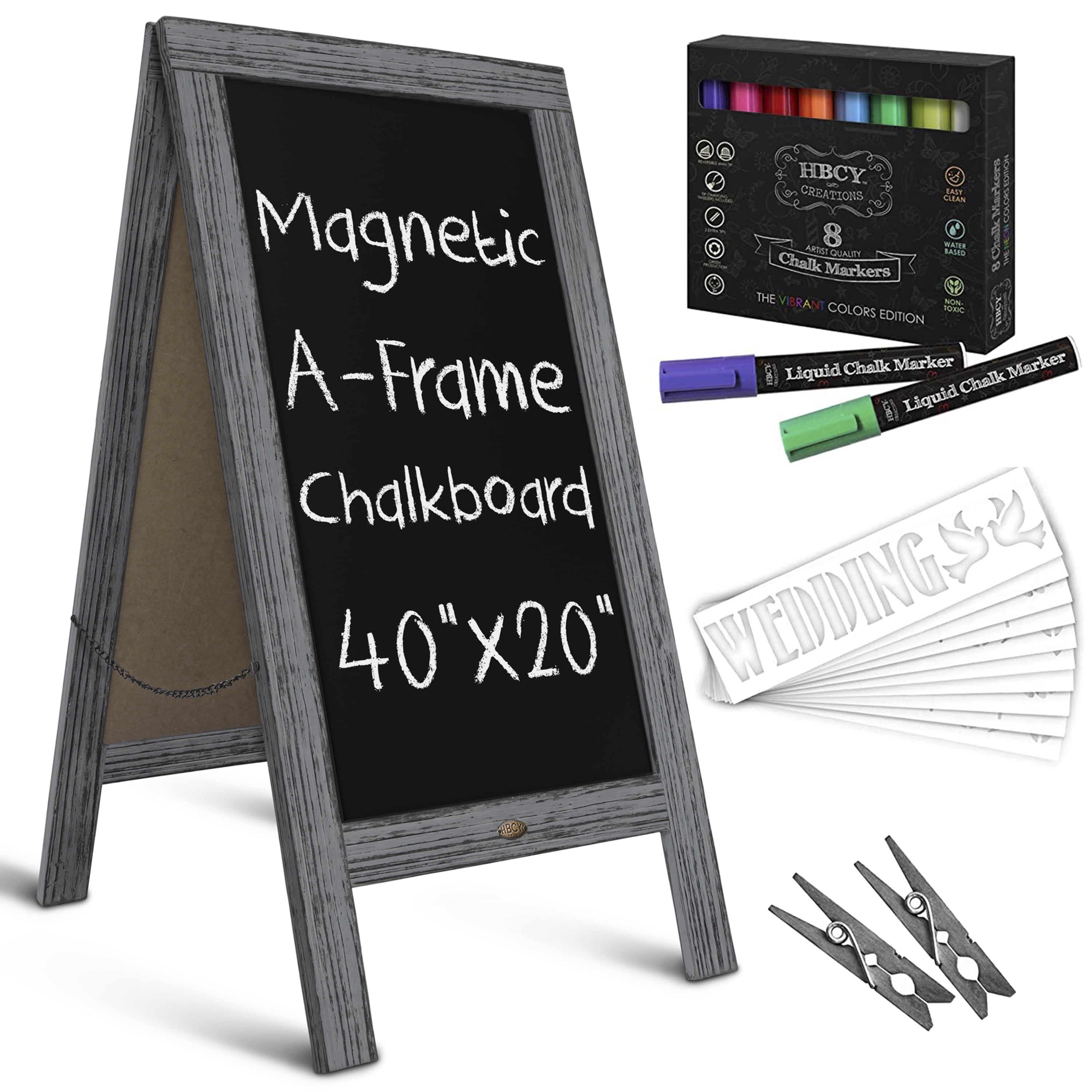 Rustic Gray A-Frame Chalkboard Deluxe Set / 8 Chalk Markers + 10 Stencils + 2 Magnets! Outdoor Sidewalk Chalkboard Sign / Large 40 x 20 Sturdy