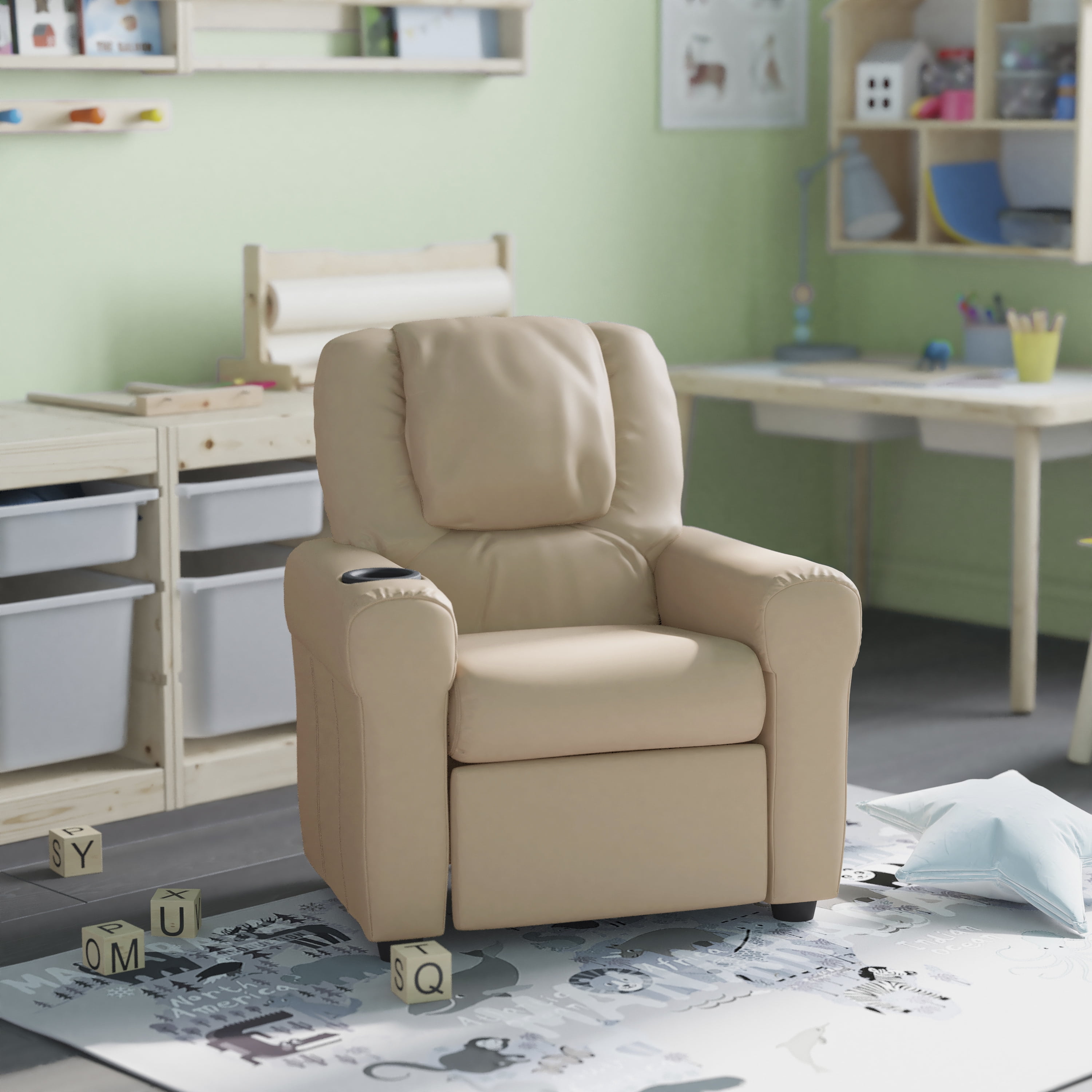 HBCY Creations Kid's Recliner Beige Vinyl Upholstery Integrated