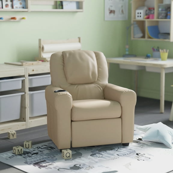 HBCY Creations Kid's Recliner - Beige Vinyl Upholstery - Integrated Cupholder - Padded Headrest - Safety Recline Feature