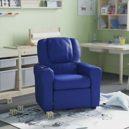 HBCY Creations Kid's Recliner - Blue Vinyl Upholstery - Integrated Cupholder - Padded Headrest - Safety Recline Feature