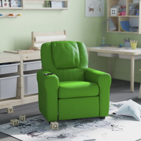 HBCY Creations Kid's Recliner - Green Vinyl Upholstery - Integrated Cupholder - Padded Headrest - Safety Recline Feature