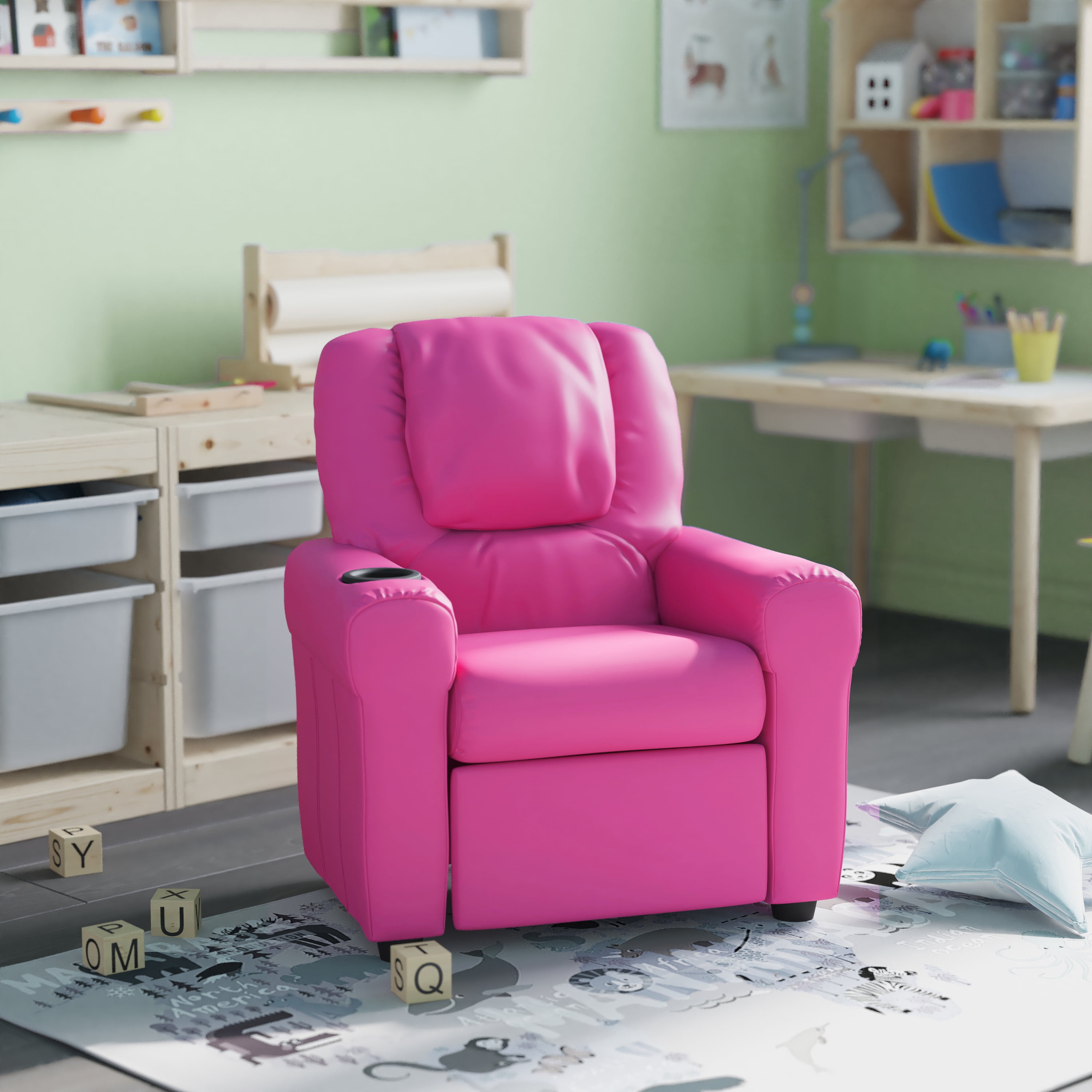 HBCY Creations Kid's Recliner Hot Pink Vinyl Upholstery Integrated