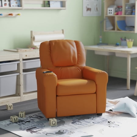 HBCY Creations Kid's Recliner - Orange Vinyl Upholstery - Integrated Cupholder - Padded Headrest - Safety Recline Feature