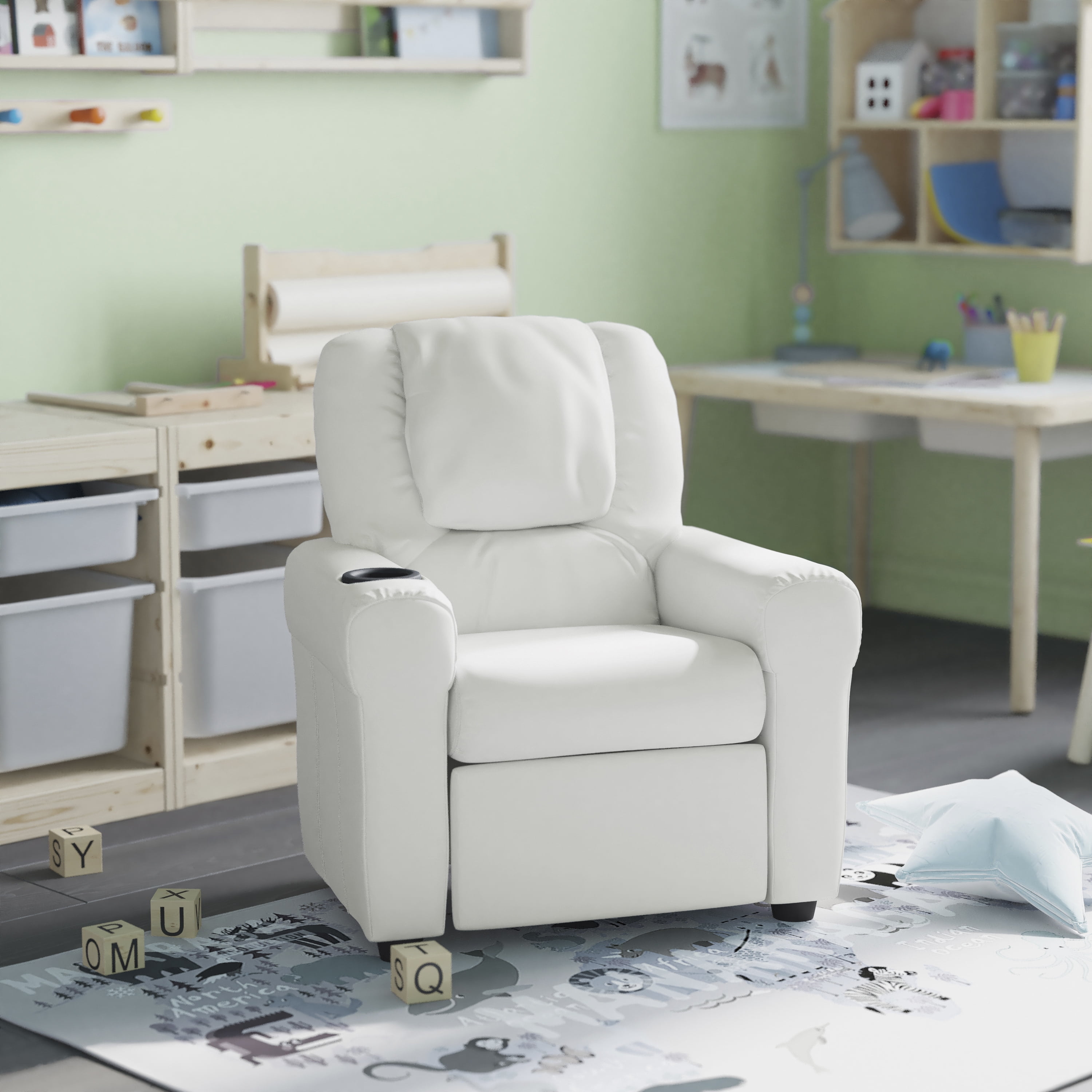 HBCY Creations Kid's Recliner White Vinyl Upholstery Integrated