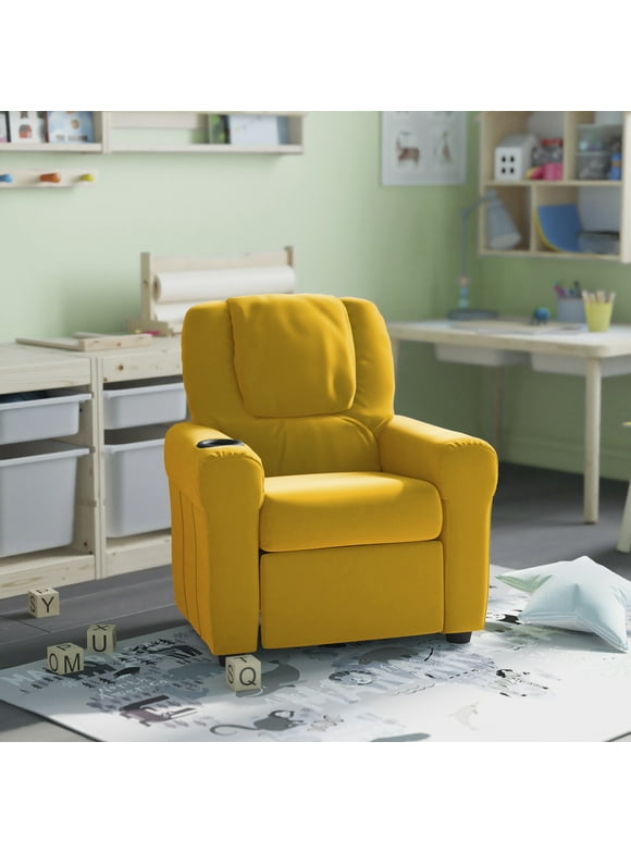 HBCY Creations Kid's Recliner - Yellow Vinyl Upholstery - Integrated Cupholder - Padded Headrest - Safety Recline Feature