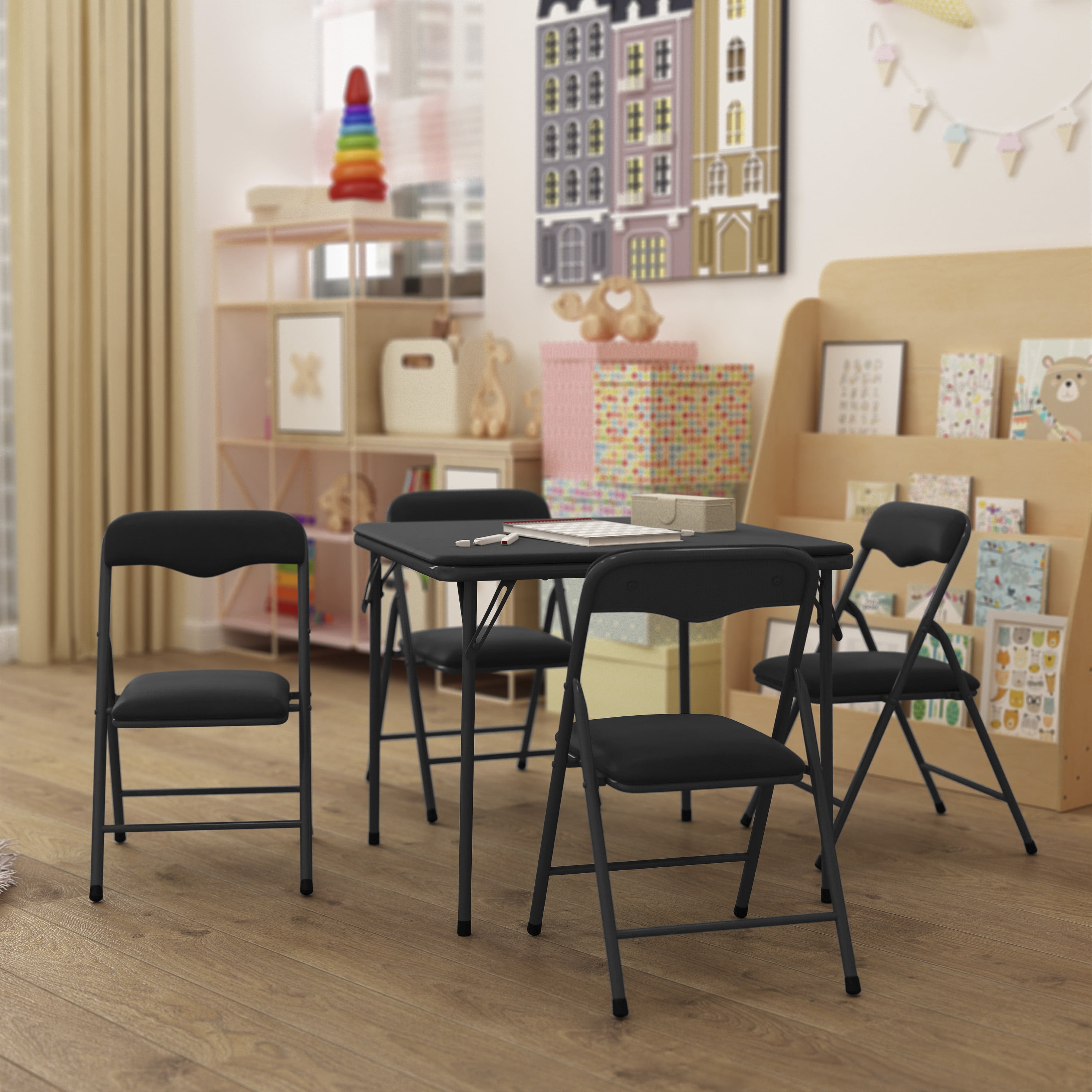 HBCY Creations 5 Piece Kid's Folding Table and Chairs Set - Black Design - Lightweight & Portable - Safety Lock Feature - Seating for 4
