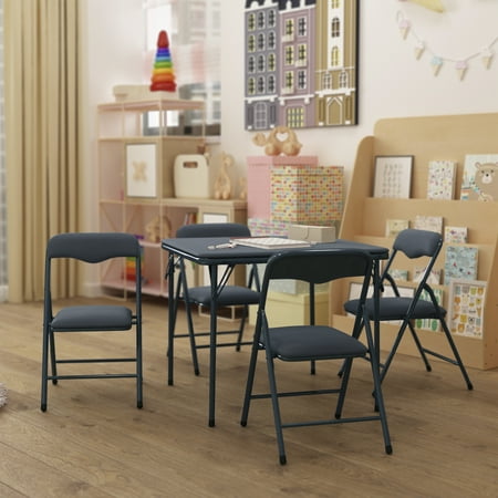 HBCY Creations 5 Piece Kid's Folding Table and Chairs Set - Navy Design - Lightweight & Portable - Safety Lock Feature - Seating for 4
