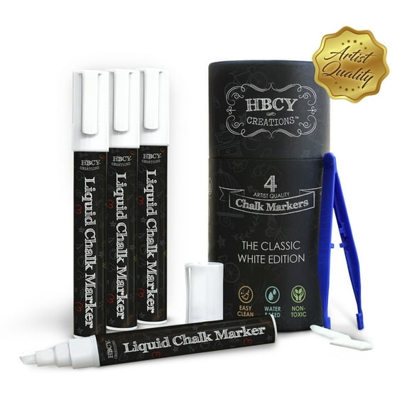 HBCY Creations Liquid Chalk Markers Set - 4 White Non-Toxic Erasable Chalkboard Markers - 2 Extra Chisel & Bullet Tips, Tweezers & Chalk Pen Holder!