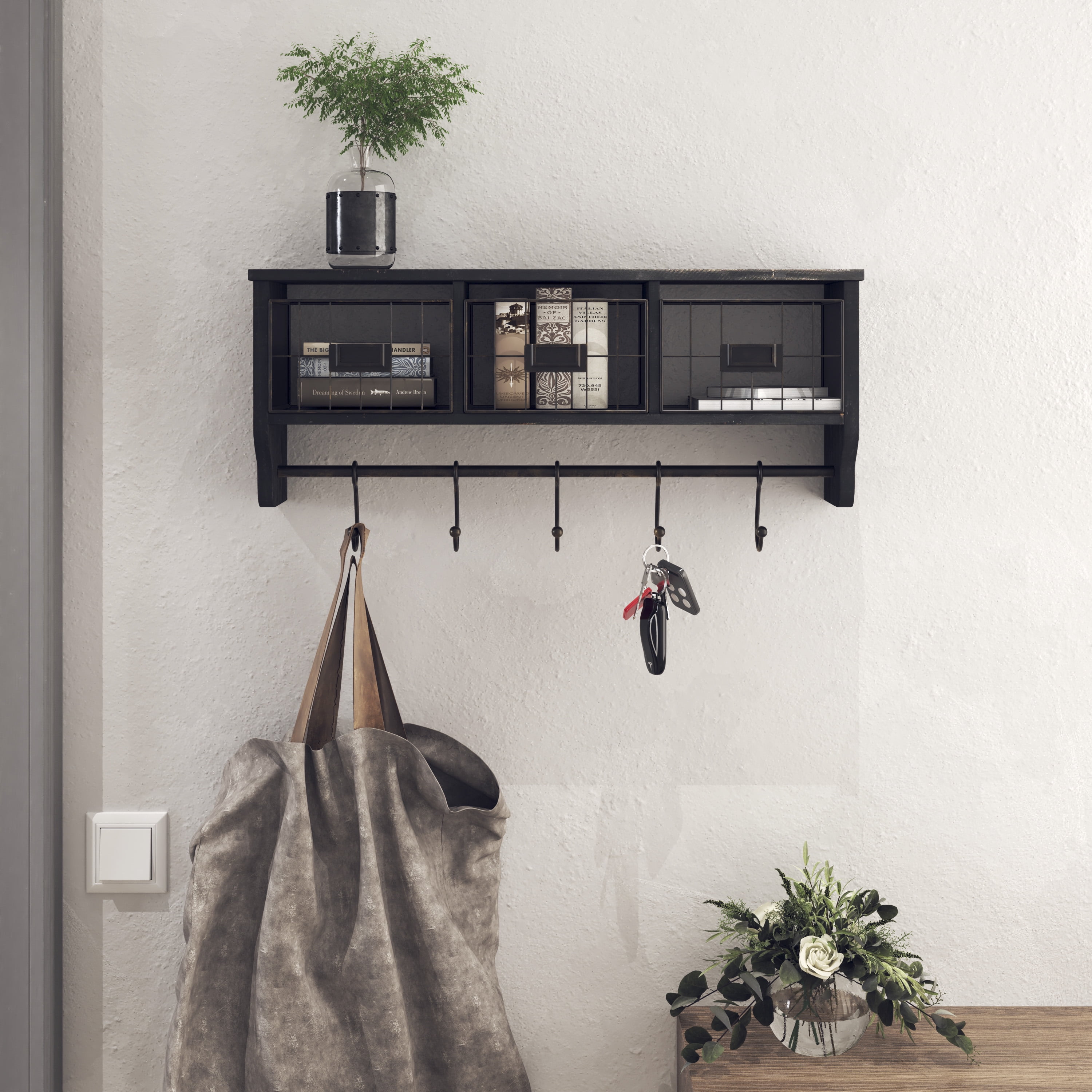 Rustic Wood Towel Hooks, Wall Mounted Floating Display Shelf Rack