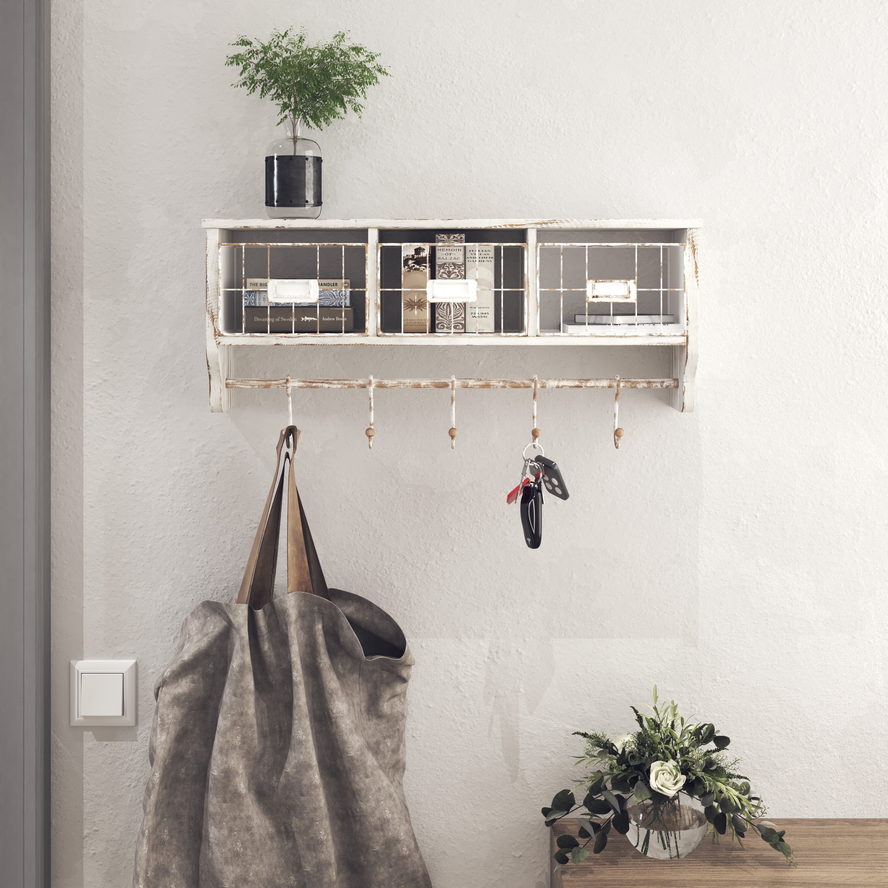 24 Rustic Wall Mounted Coat Rack With Shelf & 5 Hooks - Entryway