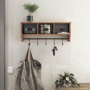 HBCY Creations Rustic Coat Rack Wall Mounted Shelf with Hooks & Baskets, Entryway Organizer Wall Shelf with 5 Coat Hooks and Cubbies, Rustic Brown, 24 Inch