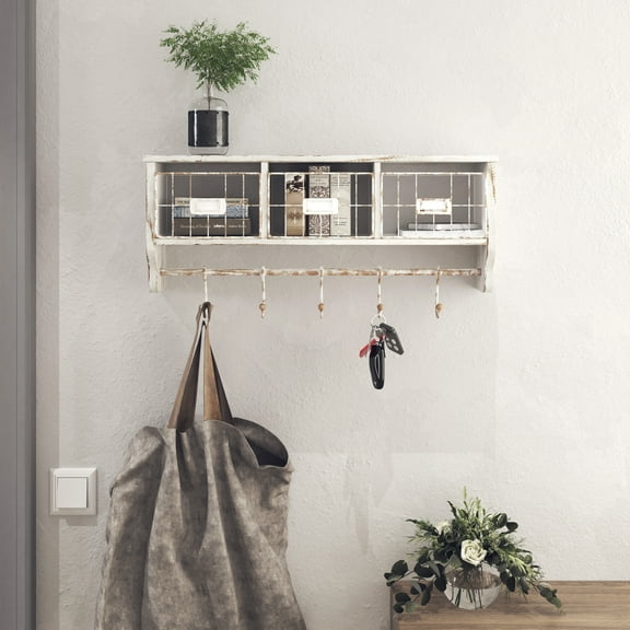 HBCY Creations Rustic Coat Rack Wall Mounted Shelf with Hooks & Baskets, Entryway Organizer Wall Shelf with 5 Coat Hooks and Cubbies, (Whitewash, 24 Inch)