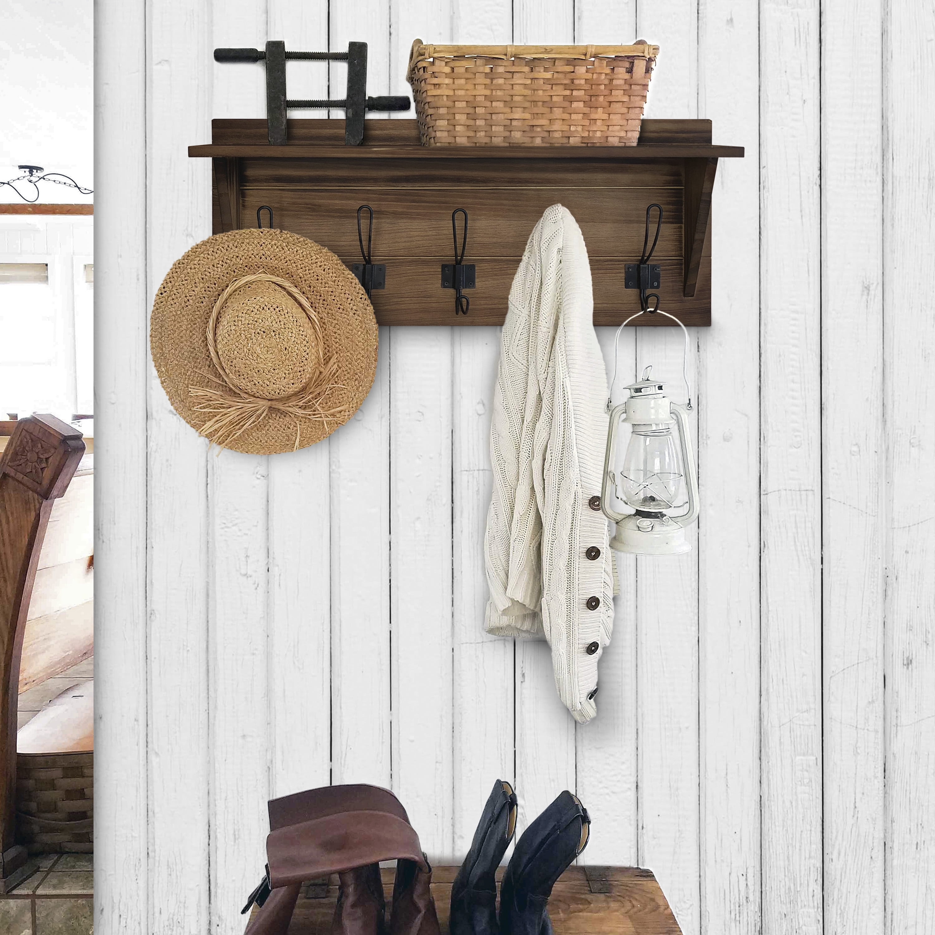 HBCY Creations Rustic Wall Mounted Coat Rack Shelf - Wooden Country Style  24