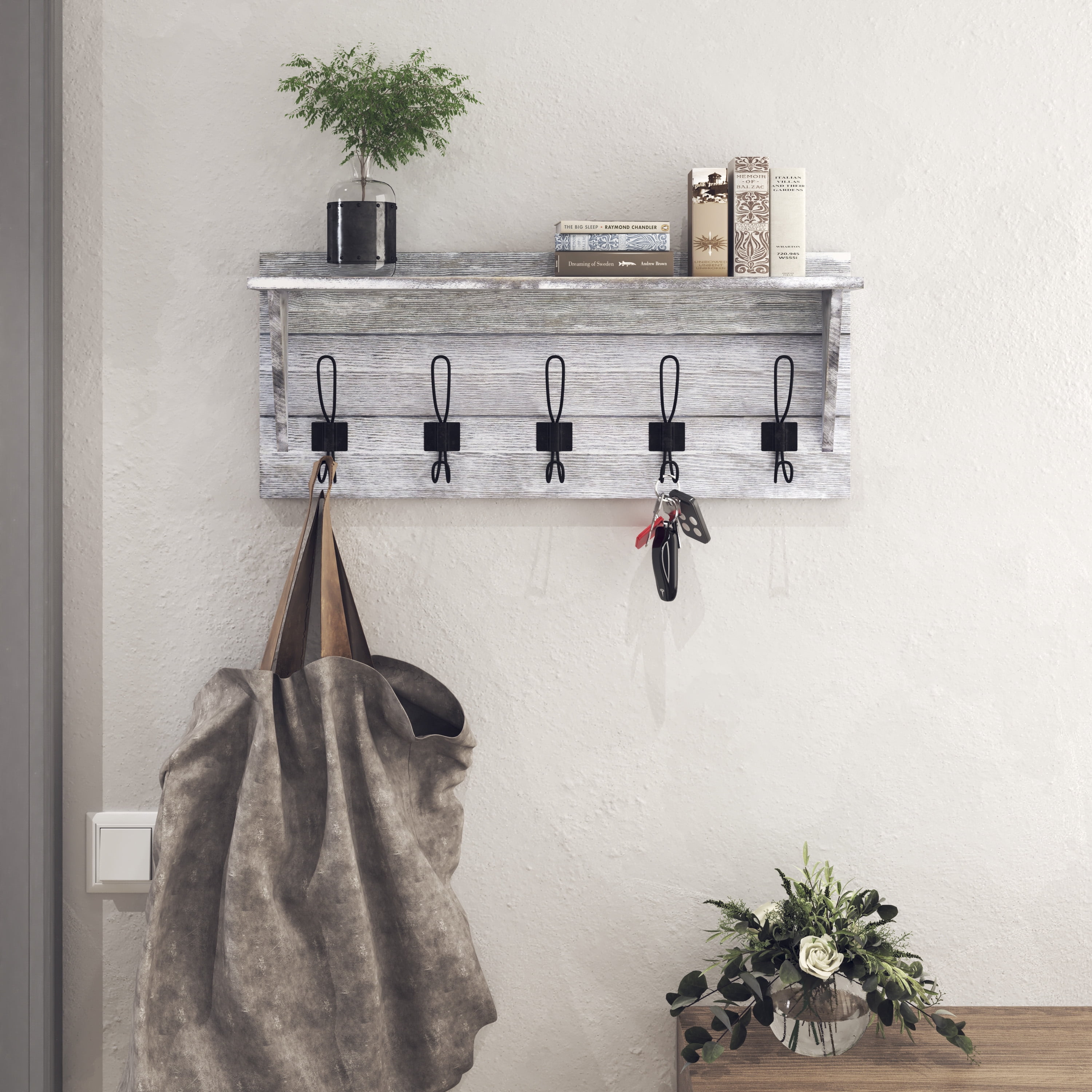 HBCY Creations Rustic Wall Mounted Coat Rack Shelf Wooden Country Style 24