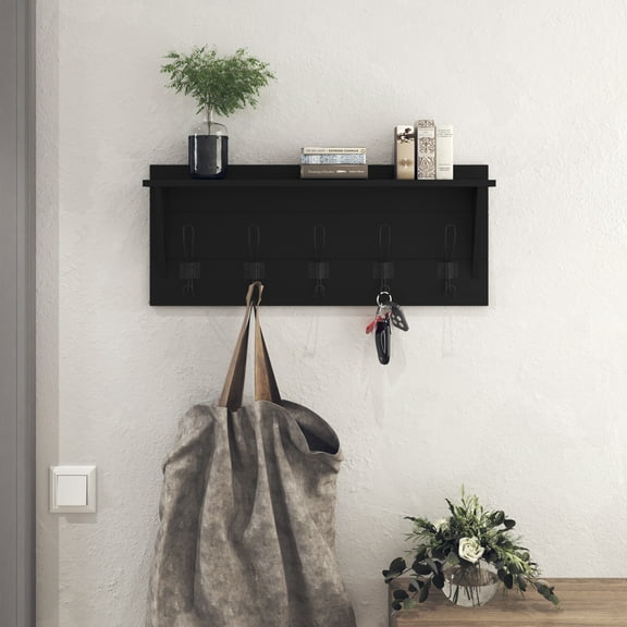 HBCY Creations Rustic Wall Mounted Coat Rack Shelf - Wooden Country Style 24" Entryway Shelf with Hooks - Solid Pine Wood - For Entryway, Kitchen, Bathroom (Black)