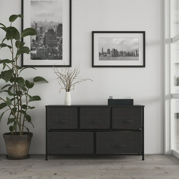 HBCY Creations Storage Dresser - Wood Top - Black Metal Frame - Five Gray Easy Pull Fabric Drawers - Assembles in 10 Minutes or Less