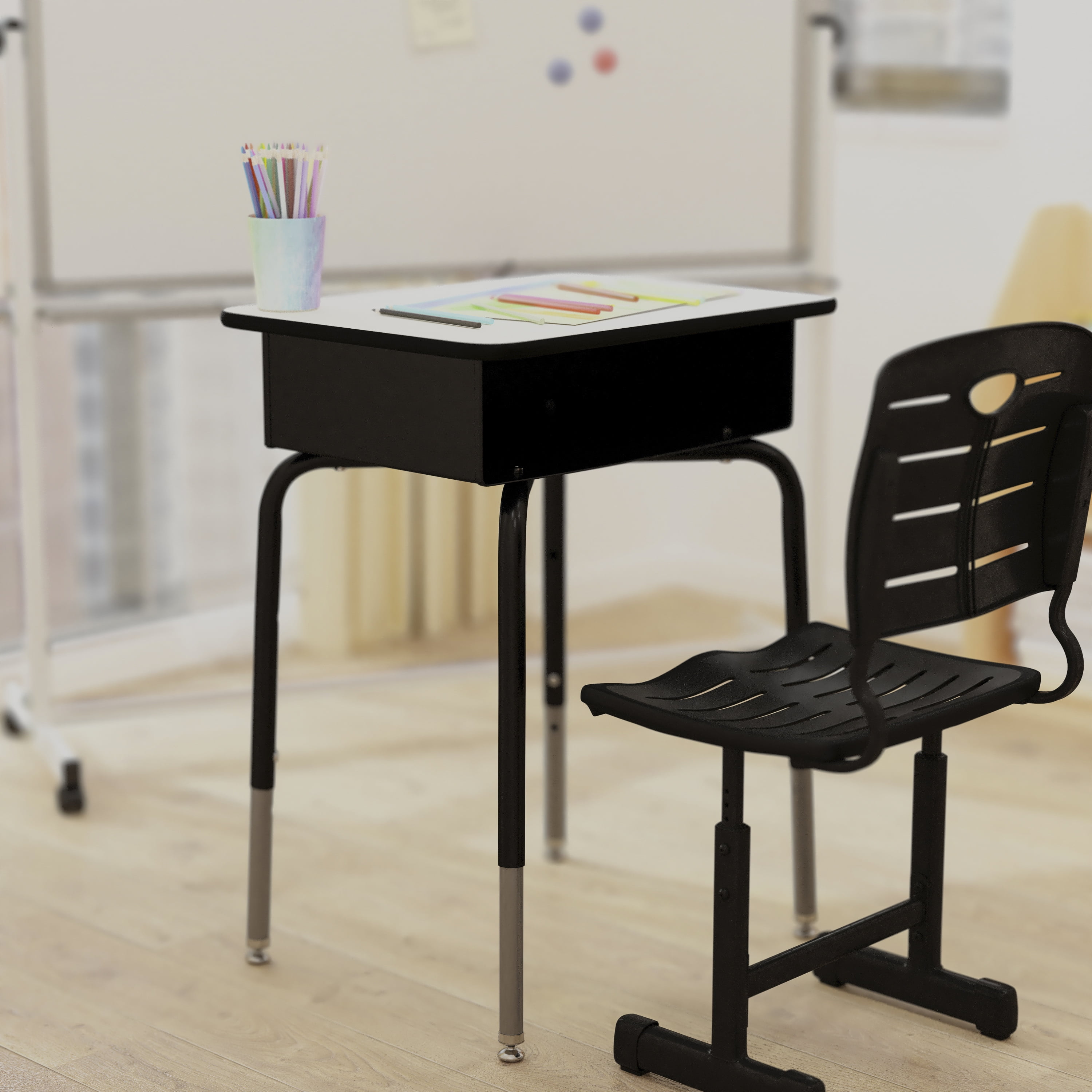 HBCY Creations Student Desk - Gray Top - Height Adjustable Legs -  Crisscross Frame for Added Stability - Open Front Book Box - Pencil Grooves